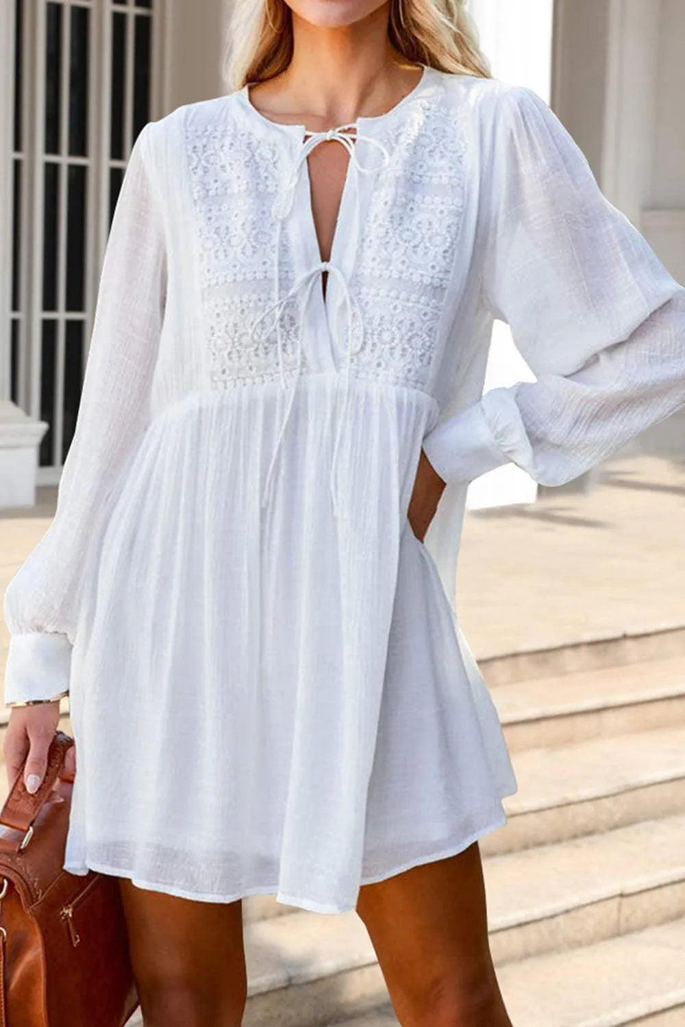 Lace Detail Tie Neck Mini Dress White Casual Dresses - Tophatter Daily Deals